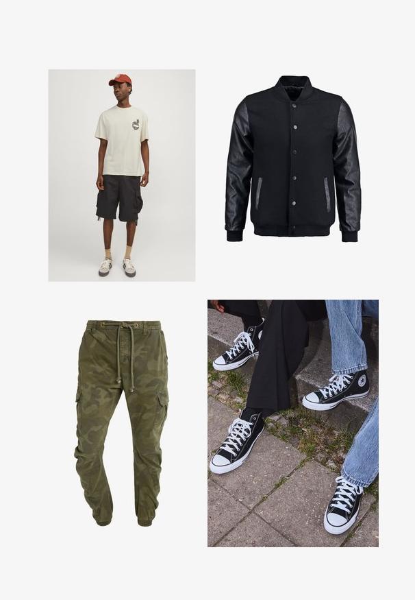 Black bomber jacket with wool body and leather sleeves. Features a standing collar, front snap buttons, and side pockets. Solid color with no patterns.; Light beige cotton t-shirt with "CHAOS THEORY" graphic on left chest, paired with black cargo shorts, beige socks, and gray sneakers.; Camo-patterned green cargo pants with a drawstring waist, elastic cuffs, and side pockets. Made from durable fabric.; Black high-top canvas sneakers with white rubber soles and laces, featuring a circular logo on the side and paired with denim and black pants.
