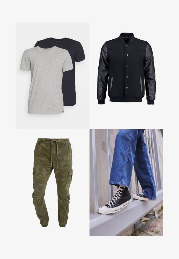 Chaqueta bomber negra con cuerpo de lana y mangas de cuero. Cuenta con un cuello alzado, botones de presión en el frente y bolsillos laterales. Color sólido sin patrones.; Dos camisetas de cuello redondo: una de color gris jaspeado y otra de color azul marino. Ambas son de manga corta, de material de algodón con una textura suave y un corte estándar.; Pantalones cargo verdes con patrón de camuflaje, con cintura ajustable mediante cordón, puños elásticos y bolsillos laterales. Fabricados con un material duradero.; Zapatillas de deporte negras de caña alta con suela y cordones blancos, combinadas con unos vaqueros de denim azul holgados, apoyadas en una barandilla gris.