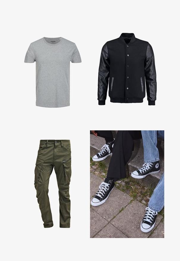 Jachetă bomber neagră cu corp din lână și mâneci din piele. Dispune de un guler în picioare, nasturi pe partea din față și buzunare laterale. Culoare solidă, fără modele.; Tricou scurt cu mânecă gri, fabricat din bumbac moale. Dispune de un guler clasic de tip crew și o croială normală. Design simplu, fără modele sau accente.; Pantaloni cargo de culoare verde măsliniu, realizați din bumbac rezistent. Prezintă mai multe buzunare, un buzunar lateral cu fermoar și picioare tapered cu un finisaj ușor texturat.; Sneakers negre din pânză până la glezne cu tălpi și șireturi albe, având un logo circular pe lateral și purtate cu blugi și pantaloni negri.