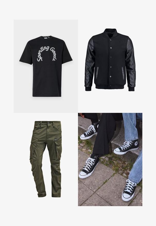 Crna bomber jakna s vunenim tijelom i kožnim rukavima. Ima stojeći ovratnik, prednje dugmadi na snap i bočne džepove. Jednobojna bez uzoraka.; Crna pamučna majica s kratkim rukavima, s prikazom zakrivljenog natpisa "Sporting Goods" u bijeloj boji. Dizajn s okruglim izrezom. Glatka tekstura.; Maslinaste zelene cargo hlače napravljene od čvrste pamučne tkanine. Imaju višestruke džepove, bočni džep sa zatvaračem i sužene nogavice sa blago teksturiranim završetkom.; Crne visoke platnene tenisice s bijelim gumama i vezicama, sa kružnim logom sa strane, u kombinaciji s trapericama i crnim hlačama.