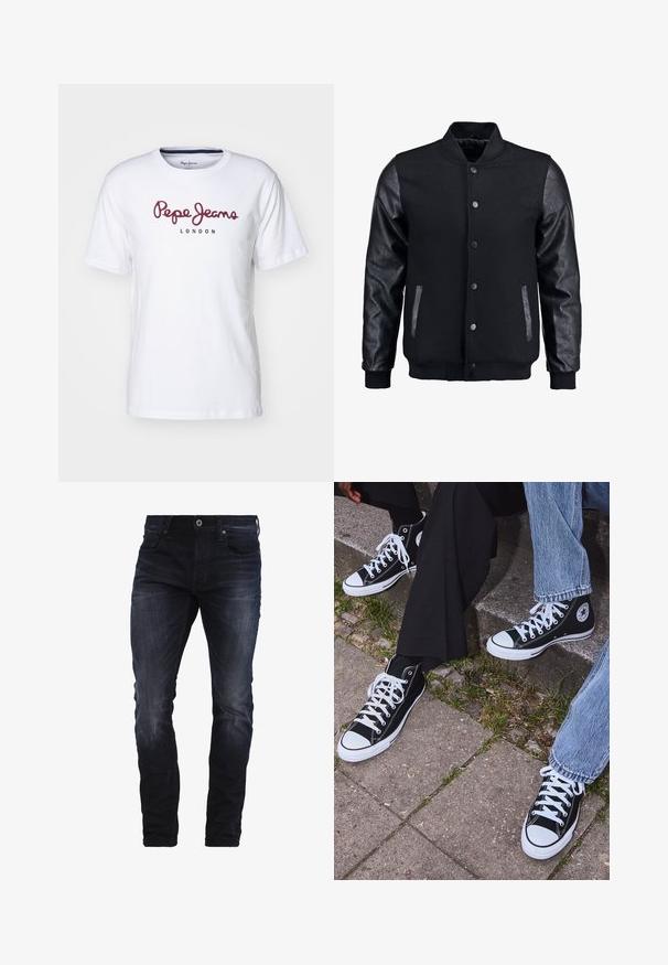 Chaqueta bomber negra con cuerpo de lana y mangas de cuero. Cuenta con un cuello alzado, botones de presión en el frente y bolsillos laterales. Color sólido sin patrones.; Camiseta de algodón blanca con el logo en burdeos de "Pepe Jeans" y el texto "LONDON", cuello redondo, mangas cortas y un ajuste relajado.; Vaqueros ajustados de un azul oscuro con un ligero desgastado en los muslos y las rodillas, que cuentan con bolsillos frontales, pasadores para cinturón y cierre de botón.; Zapatillas de lona negras de caña alta con suelas y cordones de goma blanca, con un logo circular en el lado, combinadas con unos pantalones de mezclilla y negros.