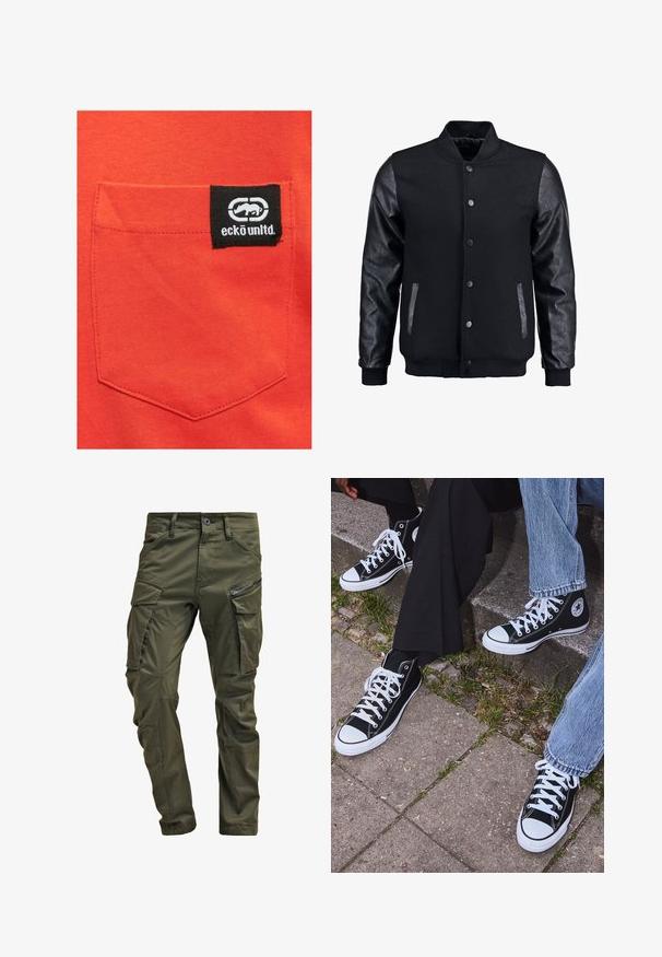 Zwarte bomberjack met een wollen lichaam en leren mouwen. Voorzien van een staande kraag, drukknopen aan de voorkant en zijkanten. Effen kleur zonder patronen.; Rode katoenen shirt met een gestikt zakje en een zwart label waarop het logo "eckō unlt'd" en een logo-afbeelding staan.; Olijfgroene cargobroek gemaakt van stevig katoen. Beschikt over meerdere zakken, een met rits afgesloten zijzak en taps toelopende pijpen met een licht getextureerde afwerking.; Zwarte canvas sneakers met hoge schacht, witte rubberen zolen en veters, met een cirkelvormig logo aan de zijkant, gecombineerd met denim en zwarte broeken.