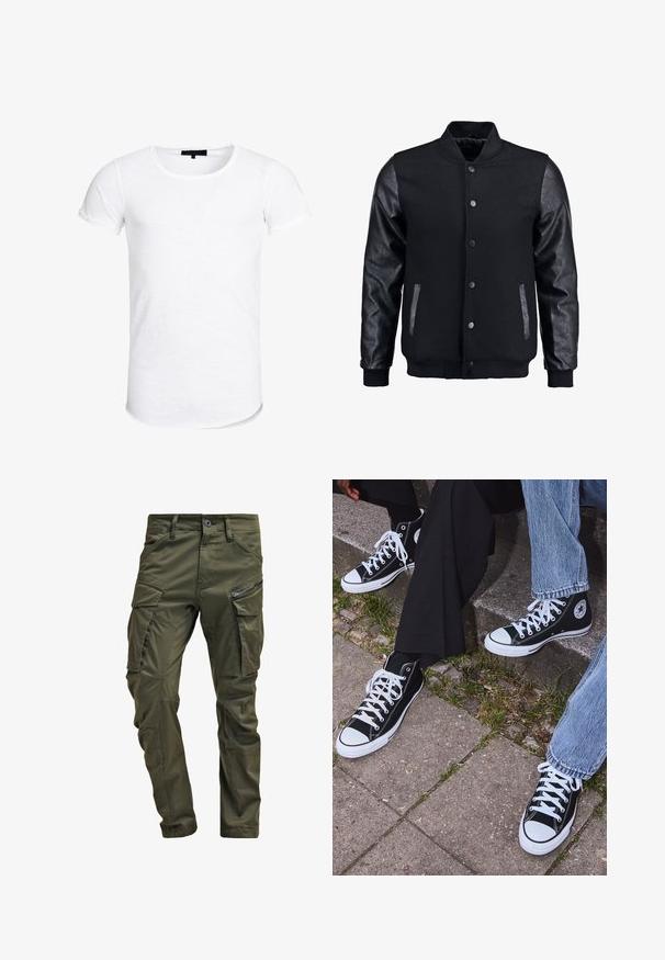 Chaqueta bomber negra con cuerpo de lana y mangas de cuero. Cuenta con un cuello alzado, botones de presión en el frente y bolsillos laterales. Color sólido sin patrones.; Camiseta blanca de manga corta con escote redondo, hecha de una tela ligera que presenta una sutil textura y un dobladillo curvado.; Pantalones cargo verde oliva hechos de algodón resistente. Cuenta con múltiples bolsillos, un bolsillo lateral con cremallera y piernas ajustadas con un acabado ligeramente texturizado.; Zapatillas de lona negras de caña alta con suelas y cordones de goma blanca, con un logo circular en el lado, combinadas con unos pantalones de mezclilla y negros.