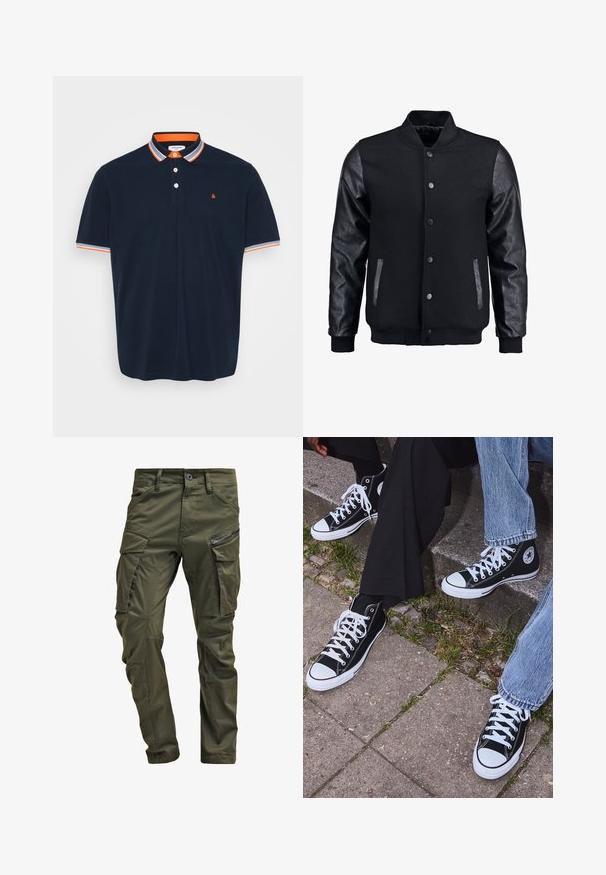 Čierna bomber bunda s vlneným telom a koženými rukávmi. Má stojačikový golier, predné patentky a bočné vrecká. Jednofarebná bez vzorov.; Námornícky polo tričko z bavlny s golierom, ktorý má oranžové a šedé pruhy, trojbuttonový zapínací panel a malé vyšívané logo na hrudníku.; Olivové cargo nohavice vyrobené z pevnej bavlny. Obsahujú viacero vreciek, zipsovou bočnou vrecko a zúžené nohavice so slabou textúrou.; Čierne vysoké plátenné tenisky s bielymi gumovými podrážkami a šnúrkami, s okrúhlym logom na boku, skombinované s džínsami a čiernymi nohavicami.