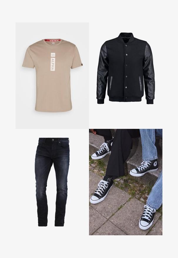 Black bomber jacket with wool body and leather sleeves. Features a standing collar, front snap buttons, and side pockets. Solid color with no patterns.; Beige cotton t-shirt with short sleeves, featuring a vertical white "ALPHA" text design and a logo on the upper chest. Rounded neckline.; Dark blue slim-fit jeans with slight fading on thighs and knees, featuring front pockets, belt loops, and a button closure.; Black high-top canvas sneakers with white rubber soles and laces, featuring a circular logo on the side and paired with denim and black pants.