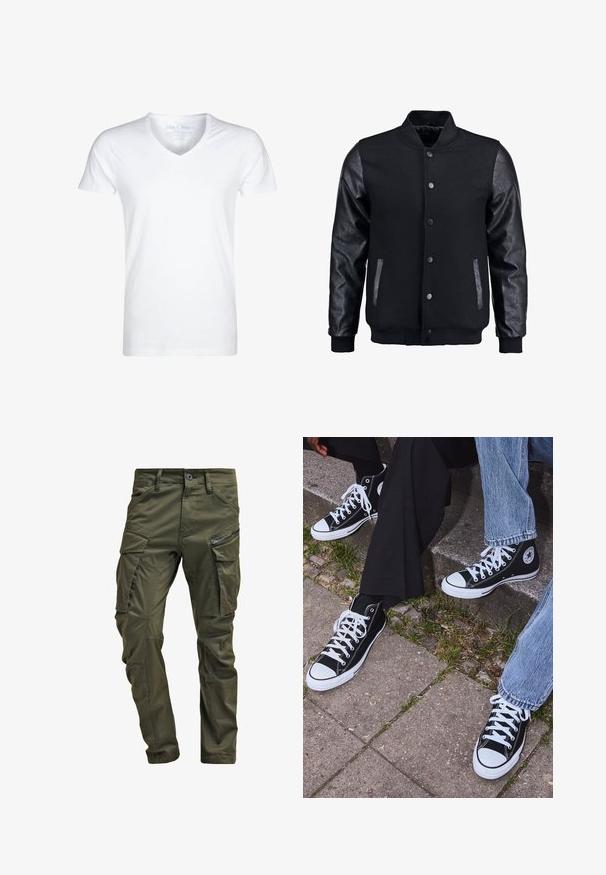 Čierna bomber bunda s vlneným telom a koženými rukávmi. Má stojačikový golier, predné patentky a bočné vrecká. Jednofarebná bez vzorov.; Biela tričko s výstrihom do V vyrobené z mäkkého bavlneného materiálu. Krátke rukávy, voľný strih a minimálne švy. Bez vzorov alebo grafik.; Olivové cargo nohavice vyrobené z pevnej bavlny. Obsahujú viacero vreciek, zipsovou bočnou vrecko a zúžené nohavice so slabou textúrou.; Čierne vysoké plátenné tenisky s bielymi gumovými podrážkami a šnúrkami, s okrúhlym logom na boku, skombinované s džínsami a čiernymi nohavicami.