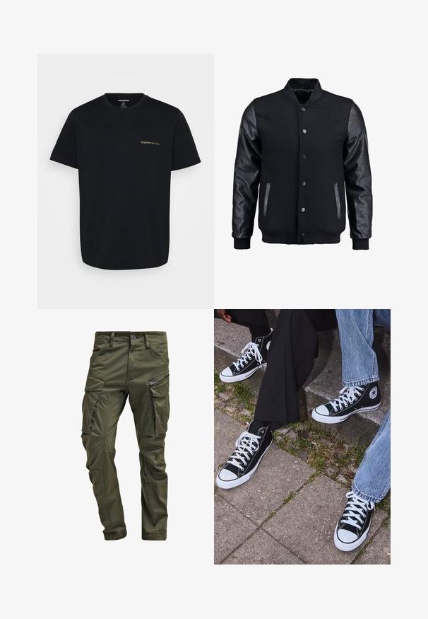 Černá bomber bunda s tělem z vlny a koženými rukávy. Má stojací límec, přední zacvakávací knoflíky a boční kapsy. Jednoduchá barva bez vzorů.; Černé bavlněné tričko s krátkým rukávem, s malým zlatě vyšitým logem "Originals" na levé části hrudi. Klasický design s kruhovým výstřihem.; Olivově zelené cargo kalhoty vyrobené z pevné bavlny. Obsahují několik kapsiček, boční kapsu na zip a zúžené nohavice s mírně texturovaným povrchem.; Černé kanvasové tenisky s vysokým střihem, bílé gumové podrážky a tkaničky, s kulatým logem na boku a spárované s džíny a černými kalhotami.