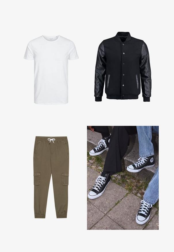 Schwarze Bomberjacke mit Wollkörper und Lederärmeln. Verfügt über einen Stehkragen, vordere Druckknöpfe und Seitentaschen. Einfarbig ohne Muster.; Rundhals-T-Shirt mit kurzen Ärmeln in reinem Weiß, aus weicher Baumwolle, mit einem schlichten Design ohne sichtbare Muster oder Akzente.; Khaki Cargo-Hosen mit elastischem Bund und Kordelzug, aus seitlichen Taschen und umgeschlagenen Knöcheln. Hergestellt aus einem strukturierten, leichten Material.; Schwarzecanvas-Sneaker mit hohem Schaft, weißen Gummisohlen und Schnürsenkeln, die ein rundes Logo an der Seite besitzen und mit Denim- sowie schwarzen Hosen kombiniert sind.