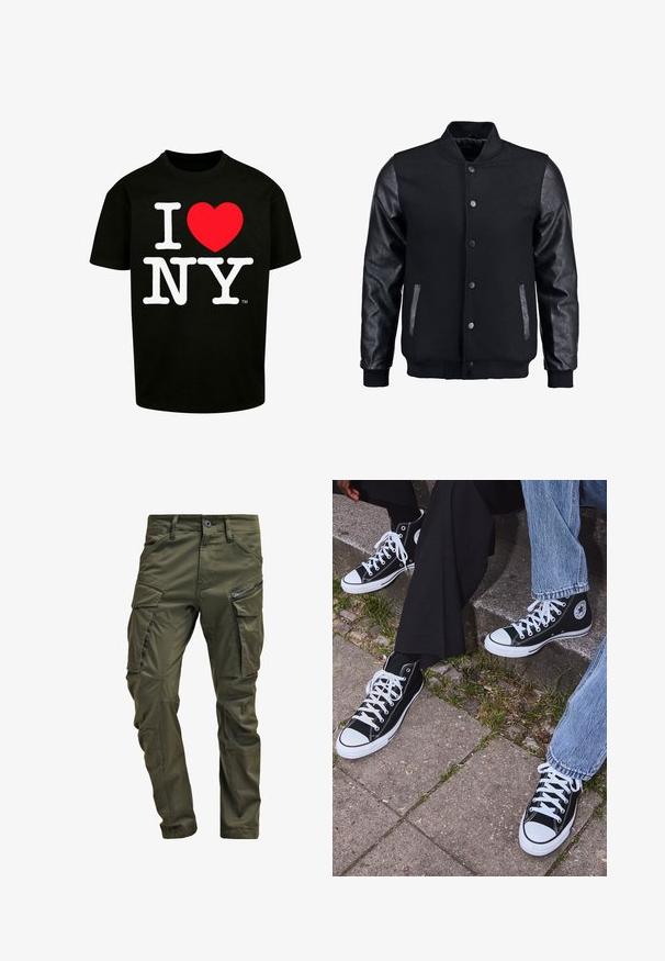Černá bomber bunda s tělem z vlny a koženými rukávy. Má stojací límec, přední zacvakávací knoflíky a boční kapsy. Jednoduchá barva bez vzorů.; Černé bavlněné tričko s výrazným bílým textem "I ♥ NY" a grafickým ztvárněním červeného srdce; krátké rukávy a kulatý výstřih.; Olivově zelené cargo kalhoty vyrobené z pevné bavlny. Obsahují několik kapsiček, boční kapsu na zip a zúžené nohavice s mírně texturovaným povrchem.; Černé kanvasové tenisky s vysokým střihem, bílé gumové podrážky a tkaničky, s kulatým logem na boku a spárované s džíny a černými kalhotami.