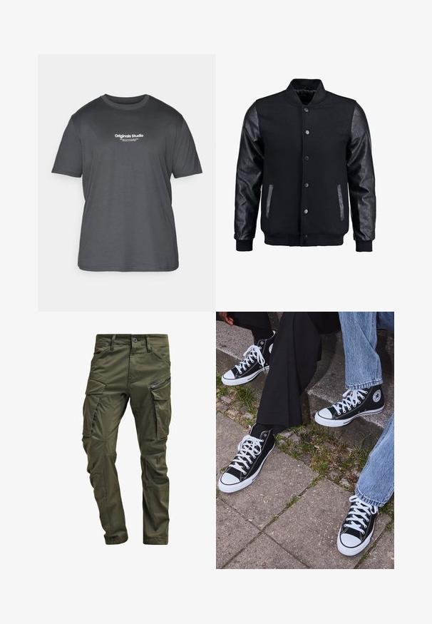 Sort bomberjakke med uldkrop og læderærmer. Har en stående krave, frontknapper og sidelommer. Ensfarvet uden mønstre.; Jack & Jones JORVESTERBRO TEE CREW NECK - T-shirts print - forest river; Olivenfarvede cargo-bukser lavet af slidstærk bomuld. Har flere lommer, en lynlåslomme på siden og tapered ben med en let tekstureret overflade.; Sorte høje canvas sneakers med hvide gummisåler og snørebånd, prydet med et cirkulært logo på siden og parret med denim og sorte bukser.