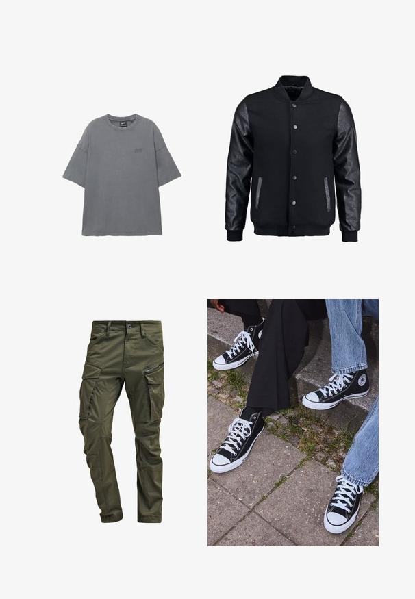 Musta pommittaja takki, jossa villakangasrunko ja nahkahihat. Varustettu pystykovalla, etupainonapeilla ja sivutaskuilla. Yksivärinen, ilman kuvioita.; Harmaa lyhythihainen t-paita pyöreällä pääntiellä, 100% puuvillaa, jossa on hienovarainen logo brodeerattuna rintaan. Pehmeä rakenne.; Vihreät kangashousut, jotka on valmistettu kestävästä puuvillasta. Ominaisuuksiin kuuluvat useat taskut, vetoketjulla varustettu sivutasku sekä kapenevat lahkeet, joissa on hieman teksturoitu pinta.; Mustat korkeat kangaslenkkarit, joissa on valkoiset kumipohjat ja nauhat, sivussa on pyöreä logo, ja ne on yhdistetty farkkuihin ja mustiin housuihin.