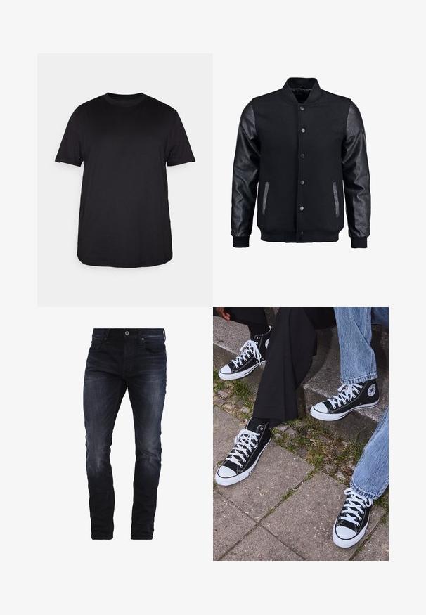 Schwarze Bomberjacke mit Wollkörper und Lederärmeln. Verfügt über einen Stehkragen, vordere Druckknöpfe und Seitentaschen. Einfarbig ohne Muster.; Schwarzes T-Shirt mit kurzen Ärmeln aus weicher Baumwolle, mit Rundhalsausschnitt und lockerer Passform, ohne sichtbare Muster oder Akzente.; Dunkelblaue Slim-Fit-Jeans mit leichten Ausbleichungen an Oberschenkeln und Knien, ausgestattet mit Vordertaschen, Gürtelschlaufen und einem Knopfverschluss.; Schwarzecanvas-Sneaker mit hohem Schaft, weißen Gummisohlen und Schnürsenkeln, die ein rundes Logo an der Seite besitzen und mit Denim- sowie schwarzen Hosen kombiniert sind.
