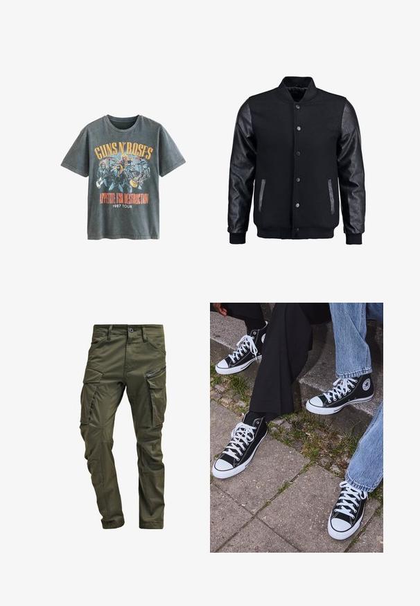 Fekete bomber dzseki gyapjú testtel és bőr ujjal. Jellemzője a felálló gallér, elöl gombos záródás, valamint oldalsó zsebek. Egyszínű, mintázat nélkül.; Next LICENSE REGULAR - Nyomott mintás póló - charcoal grey guns n roses; Olíva zöld cargo nadrág, erős pamutból készült. Több zsebbel, egy cipzáras oldalzsebbel és enyhén texturált felülettel ellátott, a szárai felé szűkülnek.; Fekete magas szárú vászon sportcipők fehér gumi talppal és fűzőkkel, az oldalukon kör alakú logóval, farmernadrággal és fekete nadrággal párosítva.