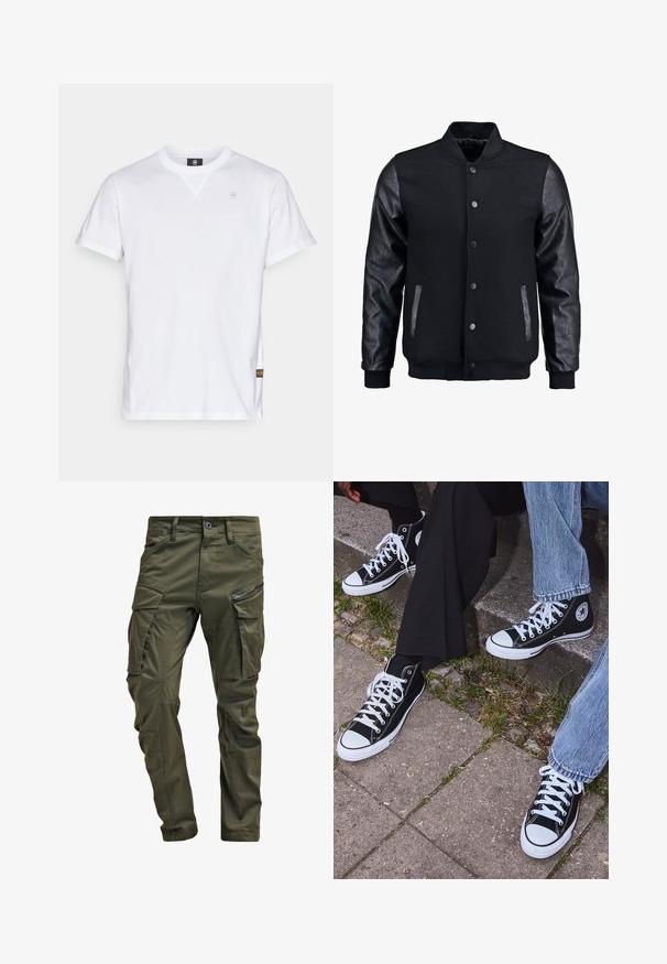 Jachetă bomber neagră cu corp din lână și mâneci din piele. Dispune de un guler în picioare, nasturi pe partea din față și buzunare laterale. Culoare solidă, fără modele.; Tricou alb din bumbac cu mâneci scurte, guler rotund și un mic logo pe piept. Include o etichetă laterală pentru identificarea brand-ului.; Pantaloni cargo de culoare verde măsliniu, realizați din bumbac rezistent. Prezintă mai multe buzunare, un buzunar lateral cu fermoar și picioare tapered cu un finisaj ușor texturat.; Sneakers negre din pânză până la glezne cu tălpi și șireturi albe, având un logo circular pe lateral și purtate cu blugi și pantaloni negri.