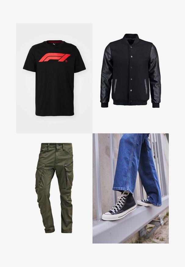 Melns bomber jakas ar vilnas korpusu un ādas piedurknēm. Iespējas ar stāvošu apkakli, priekšējiem pogām un sānu kabatām. Vienkrāsains, bez rakstiem.; Melna kokvilnas T-krekls ar lielu sarkanu Formula 1 logo priekšpusē. Apaļa kakla izgriezuma un īsām piedurknēm, gluda tekstūra.; Olīvu zaļi kravas bikses, izgatavotas no izturīgas kokvilnas. Iespēj multiple kabatas, ar rāvējslēdzēju sānu kabatu un sašaurinātiem kāju galiem ar nedaudz teksturētu apdari.; Melnas augstas kedas ar baltu zoli un auklām, apvienotas ar brīvām zilām džinsām, atpūšoties uz pelēka margotā balsta.