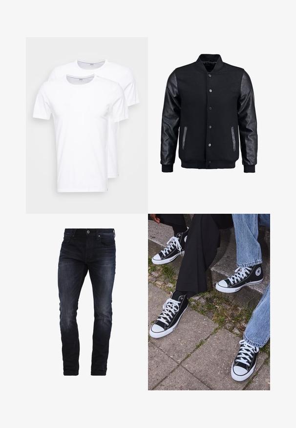 Czarna kurtka bombowca z wełnianym korpusem i skórzanymi rękawami. Posiada stójkę, zapięcie na napy z przodu i boczne kieszenie. Jednolity kolor, bez wzorów.; Białe bawełniane koszulki w opakowaniu po dwie sztuki. Okrągły dekolt, krótkie rękawy i gładka tekstura. Brak wzorów lub grafik.; Ciemnoniebieskie dżinsy slim fit z lekkim wyblaknięciem na udach i kolanach, z przednimi kieszeniami, paskami na pasek i zapięciem na guzik.; Czarne wysokie trampki z kanwy z białymi gumowymi podeszwami i sznurówkami, z okrągłym logo z boku, w zestawie z dżinsami i czarnymi spodniami.