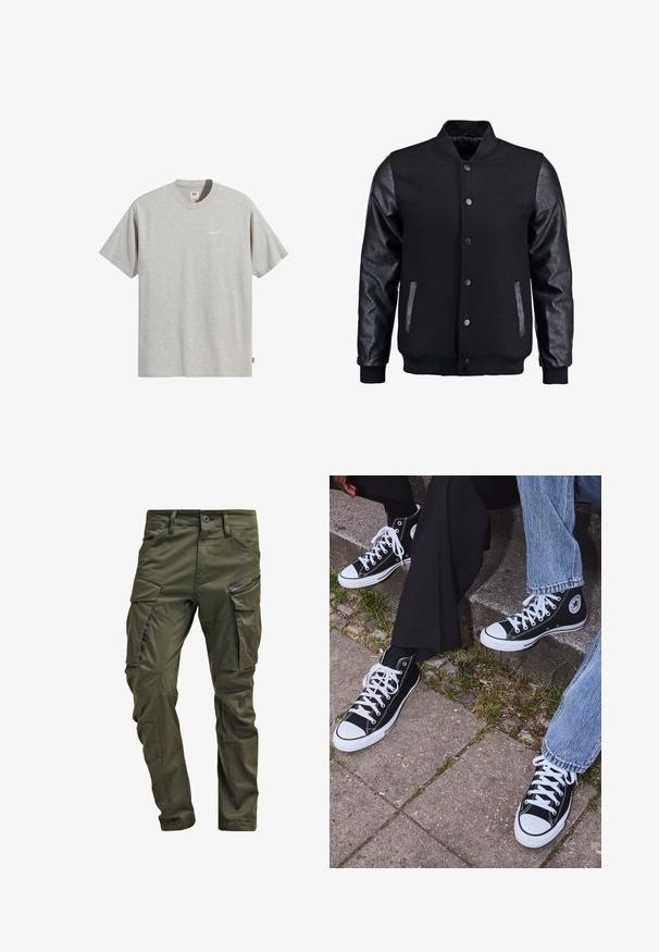 Chaqueta bomber negra con cuerpo de lana y mangas de cuero. Cuenta con un cuello alzado, botones de presión en el frente y bolsillos laterales. Color sólido sin patrones.; Camiseta de algodón gris con cuello redondo, mangas cortas y un pequeño logo blanco de "Levi's" en el pecho. Diseño simple y de corte recto.; Pantalones cargo verde oliva hechos de algodón resistente. Cuenta con múltiples bolsillos, un bolsillo lateral con cremallera y piernas ajustadas con un acabado ligeramente texturizado.; Zapatillas de lona negras de caña alta con suelas y cordones de goma blanca, con un logo circular en el lado, combinadas con unos pantalones de mezclilla y negros.