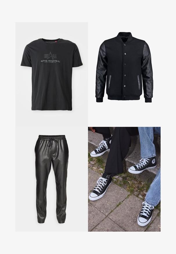 Zwarte bomberjack met een wollen lichaam en leren mouwen. Voorzien van een staande kraag, drukknopen aan de voorkant en zijkanten. Effen kleur zonder patronen.; Zwarte katoenen crew neck t-shirt met een gestructureerde logo-print met de woorden "ALPHA INDUSTRIES" en een driehoekig ontwerp in het midden.; Zwarte leren joggerbroeken met een elastische tailleband en verstelbaar trekkoord. Gladde textuur, taps toelopende pasvorm en opgerolde enkels.; Zwarte canvas sneakers met hoge schacht, witte rubberen zolen en veters, met een cirkelvormig logo aan de zijkant, gecombineerd met denim en zwarte broeken.