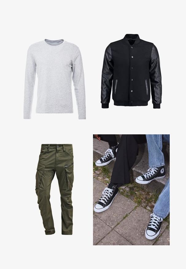 Schwarze Bomberjacke mit Wollkörper und Lederärmeln. Verfügt über einen Stehkragen, vordere Druckknöpfe und Seitentaschen. Einfarbig ohne Muster.; Langärmliges graues T-Shirt aus einem sanften, leichten Stoff mit klassischem Rundhalsausschnitt und schlichter, unauffälliger Gestaltung.; Olivgrüne Cargo-Hosen aus strapazierfähiger Baumwolle. Sie verfügen über mehrere Taschen, eine mit Reißverschluss versehene Seitentasche und ein tapered Bein mit einer leicht strukturierten Oberflächenbeschaffenheit.; Schwarzecanvas-Sneaker mit hohem Schaft, weißen Gummisohlen und Schnürsenkeln, die ein rundes Logo an der Seite besitzen und mit Denim- sowie schwarzen Hosen kombiniert sind.
