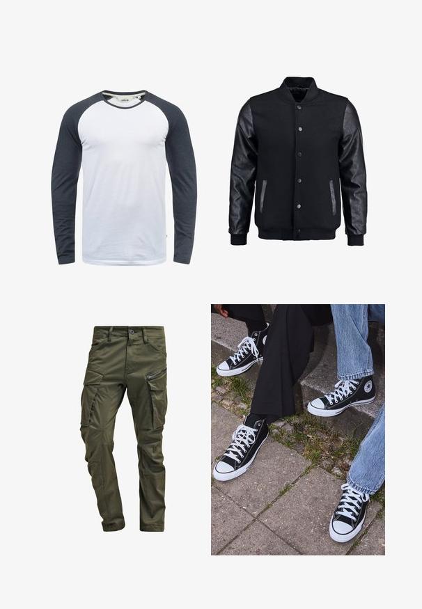 Čierna bomber bunda s vlneným telom a koženými rukávmi. Má stojačikový golier, predné patentky a bočné vrecká. Jednofarebná bez vzorov.; Tričko s dlhým rukávom, s bielym telom a tmavosivými raglánovými rukávmi. Vyrobené z hladkej tkaniny s okrúhlym výstrihom a jemnými detailmi šitia.; Olivové cargo nohavice vyrobené z pevnej bavlny. Obsahujú viacero vreciek, zipsovou bočnou vrecko a zúžené nohavice so slabou textúrou.; Čierne vysoké plátenné tenisky s bielymi gumovými podrážkami a šnúrkami, s okrúhlym logom na boku, skombinované s džínsami a čiernymi nohavicami.
