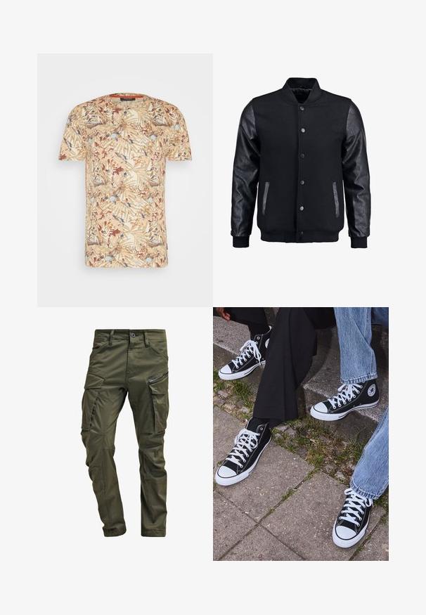 Černá bomber bunda s tělem z vlny a koženými rukávy. Má stojací límec, přední zacvakávací knoflíky a boční kapsy. Jednoduchá barva bez vzorů.; Tričko s krátkým rukávem má béžový základ s vícebarevným listovým vzorem v hnědých, modrých a krémových odstínech. Kulatý výstřih, měkká tkanina.; Olivově zelené cargo kalhoty vyrobené z pevné bavlny. Obsahují několik kapsiček, boční kapsu na zip a zúžené nohavice s mírně texturovaným povrchem.; Černé kanvasové tenisky s vysokým střihem, bílé gumové podrážky a tkaničky, s kulatým logem na boku a spárované s džíny a černými kalhotami.