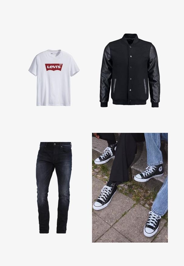 Black bomber jacket with wool body and leather sleeves. Features a standing collar, front snap buttons, and side pockets. Solid color with no patterns.; White cotton t-shirt featuring a large red Levi's logo centered on the chest; short sleeves and a round neckline.; Dark blue slim-fit jeans with slight fading on thighs and knees, featuring front pockets, belt loops, and a button closure.; Black high-top canvas sneakers with white rubber soles and laces, featuring a circular logo on the side and paired with denim and black pants.