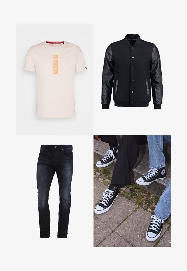 Čierna bomber bunda s vlneným telom a koženými rukávmi. Má stojačikový golier, predné patentky a bočné vrecká. Jednofarebná bez vzorov.; Svetloružové tričko s krátkym rukávom vyrobené z bavlny s vertikálnym oranžovým logom "ALPHA" v strede a červenou značkovou nášivkou na krku.; Tmavomodré úzke džínsy so slabým vyblednutím na stehnách a kolenách, s prednými vreckami, pútkami na opasok a zapínaním na gombík.; Čierne vysoké plátenné tenisky s bielymi gumovými podrážkami a šnúrkami, s okrúhlym logom na boku, skombinované s džínsami a čiernymi nohavicami.