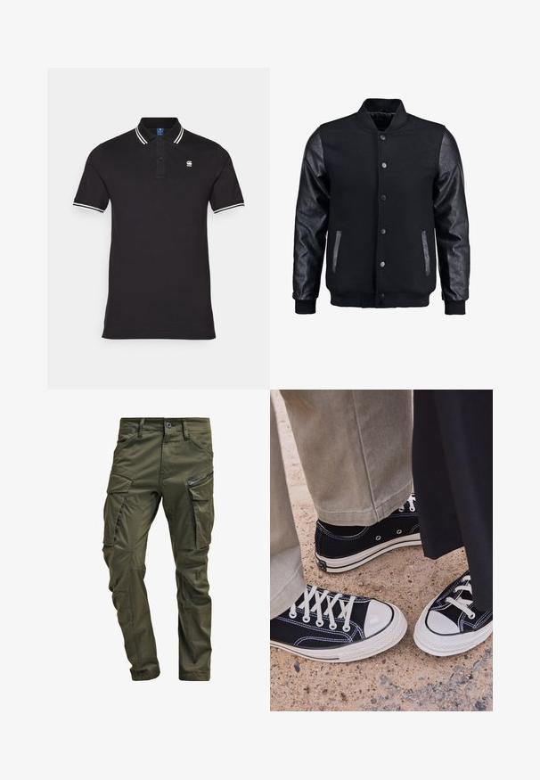 Chaqueta bomber negra con cuerpo de lana y mangas de cuero. Cuenta con un cuello alzado, botones de presión en el frente y bolsillos laterales. Color sólido sin patrones.; Polo negra de algodón con acentos a rayas blancas en el cuello y las mangas; presenta un pequeño logo en el pecho.; Pantalones cargo verde oliva hechos de algodón resistente. Cuenta con múltiples bolsillos, un bolsillo lateral con cremallera y piernas ajustadas con un acabado ligeramente texturizado.; Zapatillas de lona negras con punteras y cordones de goma blanca. Las costuras en contraste y los ojales de metal añaden detalle. Llevadas con pantalones beige y tela negra.