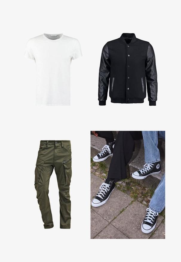 Čierna bomber bunda s vlneným telom a koženými rukávmi. Má stojačikový golier, predné patentky a bočné vrecká. Jednofarebná bez vzorov.; Biela bavlnená tričko s okrúhlym výstrihom a krátkymi rukávmi, s jemnou textúrou a minimalistickým dizajnom. Bez vzorov alebo akcentov.; Olivové cargo nohavice vyrobené z pevnej bavlny. Obsahujú viacero vreciek, zipsovou bočnou vrecko a zúžené nohavice so slabou textúrou.; Čierne vysoké plátenné tenisky s bielymi gumovými podrážkami a šnúrkami, s okrúhlym logom na boku, skombinované s džínsami a čiernymi nohavicami.