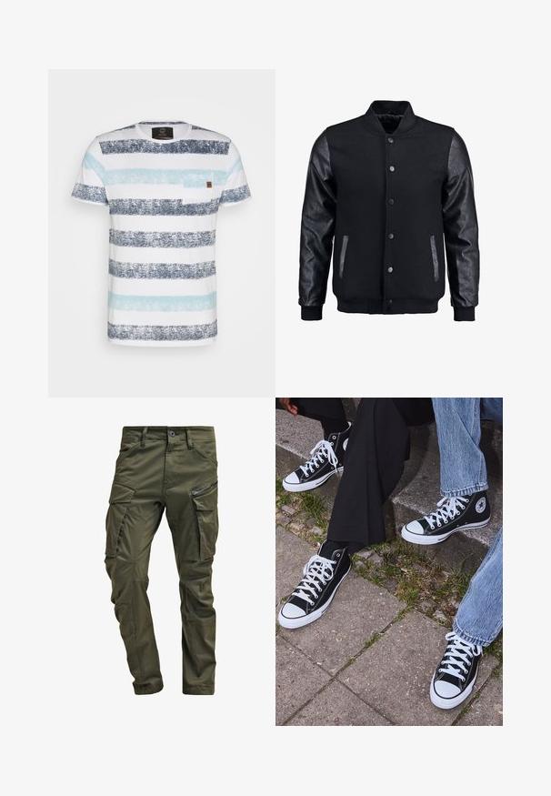 Svart bomberjacka med ullkropp och lädersleeves. Har en stående krage, framknappar med tryckknappar och sidofickor. Enfärgad utan mönster.; Randig t-shirt med horisontella band i mörknavy, ljusblå och vit. Inkluderar en liten bröstficka och mjukt bomullstyg.; Olivgrön cargobyxor tillverkade av slitstark bomull. Har flera fickor, en ficka med dragkedja på sidan, och avsmalnande ben med en något strukturerad yta.; Svarta högtopps kanvasskor med vita gummisulor och snören, med en cirkulär logotyp på sidan och kombinerade med jeans och svarta byxor.