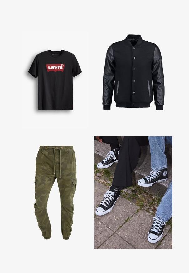 Black bomber jacket with wool body and leather sleeves. Features a standing collar, front snap buttons, and side pockets. Solid color with no patterns.; Black cotton t-shirt with a round neck. Features a large red Levi's logo on a white background and a small red tag on the lower side.; Camo-patterned green cargo pants with a drawstring waist, elastic cuffs, and side pockets. Made from durable fabric.; Black high-top canvas sneakers with white rubber soles and laces, featuring a circular logo on the side and paired with denim and black pants.