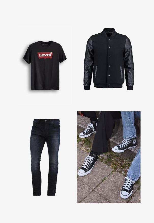 Czarna kurtka bombowca z wełnianym korpusem i skórzanymi rękawami. Posiada stójkę, zapięcie na napy z przodu i boczne kieszenie. Jednolity kolor, bez wzorów.; Czarna bawełniana koszulka z okrągłym dekoltem. Posiada duże czerwone logo Levi's na białym tle oraz małą czerwoną metkę na dolnej stronie.; Ciemnoniebieskie dżinsy slim fit z lekkim wyblaknięciem na udach i kolanach, z przednimi kieszeniami, paskami na pasek i zapięciem na guzik.; Czarne wysokie trampki z kanwy z białymi gumowymi podeszwami i sznurówkami, z okrągłym logo z boku, w zestawie z dżinsami i czarnymi spodniami.