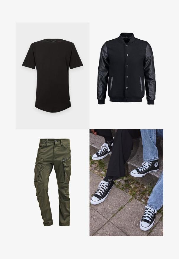 Zwarte bomberjack met een wollen lichaam en leren mouwen. Voorzien van een staande kraag, drukknopen aan de voorkant en zijkanten. Effen kleur zonder patronen.; Zwart t-shirt met korte mouwen en ronde hals, met een gebogen zoom en een klein logolabel nabij de onderzijde van de zijnaad.; Olijfgroene cargobroek gemaakt van stevig katoen. Beschikt over meerdere zakken, een met rits afgesloten zijzak en taps toelopende pijpen met een licht getextureerde afwerking.; Zwarte canvas sneakers met hoge schacht, witte rubberen zolen en veters, met een cirkelvormig logo aan de zijkant, gecombineerd met denim en zwarte broeken.