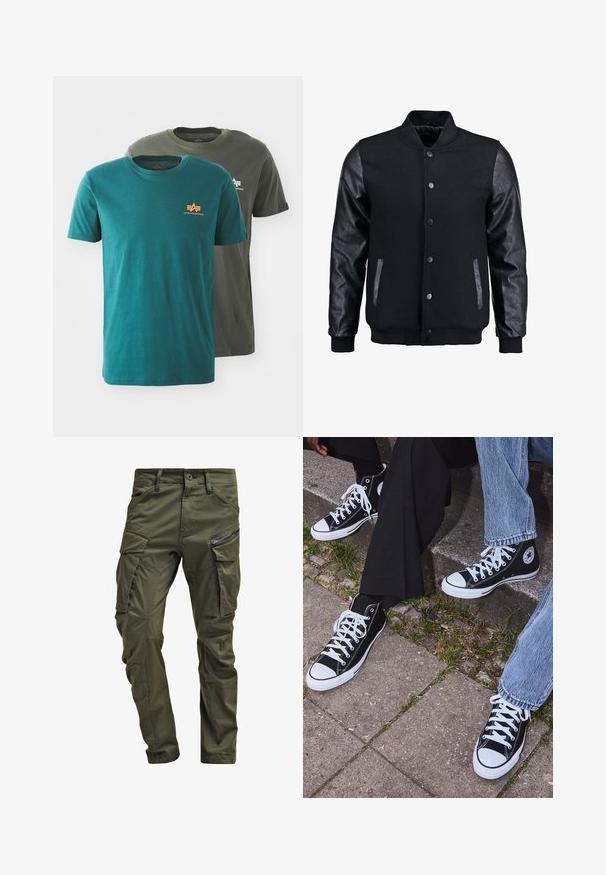 Črna bomberska jakna z volnenim telesom in usnjenimi rokavi. Ima stoječ ovratnik, sprednje snemljive gumbe in stranske žepke. Enobarvna, brez vzorcev.; Dve majice s kratkimi rokavi: ena teal barve z oranžnim logotipom, ena olivno zelena z belim logotipom. Obe imata standardni okrogli ovratnik in mehak material.; Olivno zelene cargo hlače iz trdnega bombaža. Imajo več žepov, zip žep na strani in zožene noge z rahlo teksturirano površino.; Črne visoke platnene teniske z belimi gumijastimi podplati in vezalkami, z ovalnim logotipom na strani, v kombinaciji z džinsom in črnimi hlačami.