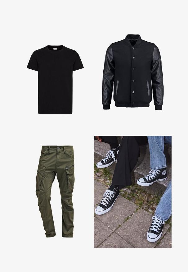 Black bomber jacket with wool body and leather sleeves. Features a standing collar, front snap buttons, and side pockets. Solid color with no patterns.; Black cotton t-shirt with a crew neck, short sleeves, and a straight hem. Features a small logo tag on the lower side. Regular-fit style.; Olive green cargo pants made from sturdy cotton. Features multiple pockets, a zippered side pocket, and tapered legs with a slightly textured finish.; Black high-top canvas sneakers with white rubber soles and laces, featuring a circular logo on the side and paired with denim and black pants.