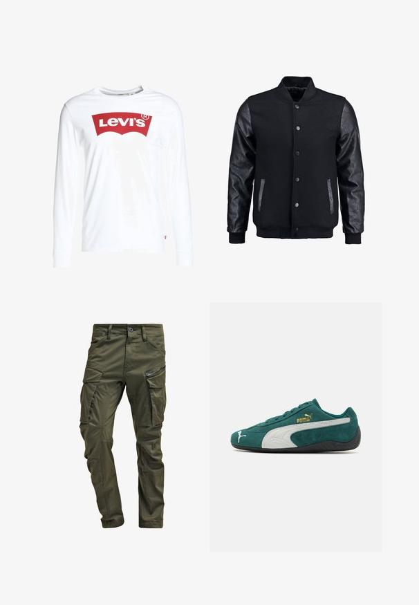Svart bomberjacka med ullkropp och lädersleeves. Har en stående krage, framknappar med tryckknappar och sidofickor. Enfärgad utan mönster.; Vit långärmad t-shirt i bomull, med en stor röd Levi's-logga på framsidan och en liten röd etikett på vänster sida.; Olivgrön cargobyxor tillverkade av slitstark bomull. Har flera fickor, en ficka med dragkedja på sidan, och avsmalnande ben med en något strukturerad yta.; Gröna mockaskor med vita och grå detaljer, strukturerad yta, platt gummisula och gulllogotyp på sidan.