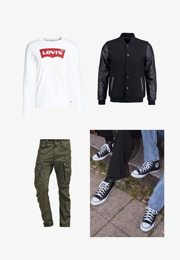 Zwarte bomberjack met een wollen lichaam en leren mouwen. Voorzien van een staande kraag, drukknopen aan de voorkant en zijkanten. Effen kleur zonder patronen.; Witte longsleeve t-shirt van katoen, met een groot rood Levi's-logo op de voorkant en een klein rood label aan de linkerkant.; Olijfgroene cargobroek gemaakt van stevig katoen. Beschikt over meerdere zakken, een met rits afgesloten zijzak en taps toelopende pijpen met een licht getextureerde afwerking.; Zwarte canvas sneakers met hoge schacht, witte rubberen zolen en veters, met een cirkelvormig logo aan de zijkant, gecombineerd met denim en zwarte broeken.