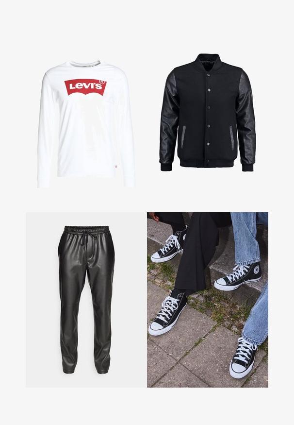 Giubbotto bomber nero con corpo in lana e maniche in pelle. Presenta un colletto alto, bottoni a pressione frontali e tasche laterali. Monocromatico, senza motivi.; Maglietta a maniche lunghe bianca in cotone, con un grande logo rosso Levi's sul davanti e un piccolo etichetta rossa sul lato sinistro.; Pantaloni jogger neri in pelle con vita elastica e cordino regolabile. Texture liscia, vestibilità affusolata e caviglie con polsini.; Sneakers alti neri in tela con suole e lacci bianchi, dotati di un logo circolare di lato e abbinati a pantaloni in denim e neri.