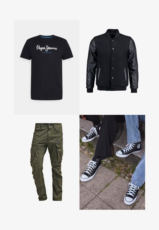 Juodas bomberio tipo švarkas su vilnoniu korpusu ir odinėmis rankovėmis. Savybės: stovintis apykaklė, priekiniai spaudiniai mygtukai ir šoniniai kišenės. Vienodos spalvos, be raštų.; Juodas medvilnės marškinėlis su baltu rašmenų logotipu "Pepe Jeans" su mėlynu akcentu, apvaliu kaklu ir trumpomis rankovėmis. Paprastas, vientisas dizainas.; Olive spalvos cargo kelnės, pagamintos iš tvirto medvilnės. Yra keletas kišenių, šonu užtraukiama kišenė ir siaurėjančios kojos su šiek tiek tekstūruotu paviršiumi.; Juoda aukšta avalynė iš kanvos su baltais guminiais padais ir raišteliais, su apvaliu logotipu šone, derinama su džinsais ir juodomis kelnėmis.