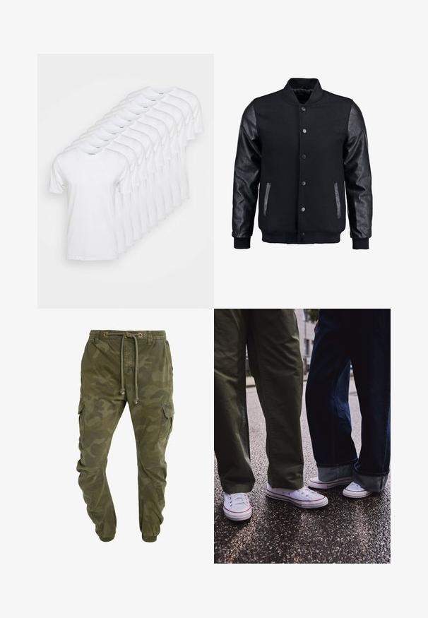 Fekete bomber dzseki gyapjú testtel és bőr ujjal. Jellemzője a felálló gallér, elöl gombos záródás, valamint oldalsó zsebek. Egyszínű, mintázat nélkül.; Fehér pólók egy sorban, kerek nyakkivágással és rövid ujjakkal. Pamutból készültek, sima, egyszerű textúrával.; Zöld, terepmintás cargo nadrág, húzózsinórral a deréknál, elasztikus mandzsettákkal és oldalzsebekkel. Tartós anyagból készült.; Fehér alacsony szárú sportcipő piros részletekkel, olajzöld és sötétkék nadrággal viselve. Simább textúra, látható fűzőlyukak és gumi talp.