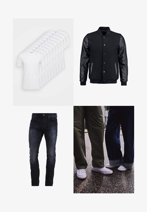 Černá bomber bunda s tělem z vlny a koženými rukávy. Má stojací límec, přední zacvakávací knoflíky a boční kapsy. Jednoduchá barva bez vzorů.; Bílé trička uspořádaná do řady, s kulatým výstřihem a krátkými rukávy. Vyrobena z bavlny, s hladkým, jednobarevným povrchem.; Tmavě modré slim-fit džíny s mírným vyblednutím na stehnech a kolenou, s předními kapsami, poutky na opasek a zapínáním na knoflík.; Bílé nízké tenisky s červenými akcenty, nošené s olivově zelenými a tmavě modrými kalhotami. Hladký povrch, viditelné očko a gumové podešve.