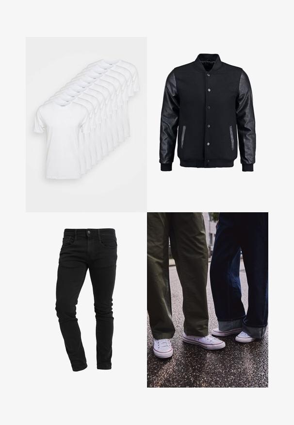 Čierna bomber bunda s vlneným telom a koženými rukávmi. Má stojačikový golier, predné patentky a bočné vrecká. Jednofarebná bez vzorov.; Biele tričká usporiadané v rade, s okružným výstrihom a krátkymi rukávmi. Vyrobené z bavlny, s hladkou, jednofarebnou textúrou.; Úzke čierne džínsy s prednými vreckami, pútkami na opasok, zapínaním na gombík a miernym zvrásnením pozdĺž nohavíc.; Biele nízke tenisky s červenými akcentmi, nosené s olivovozelenými a tmavomodrými nohavicami. Hladký povrch, viditeľné očká a gumové podrážky.