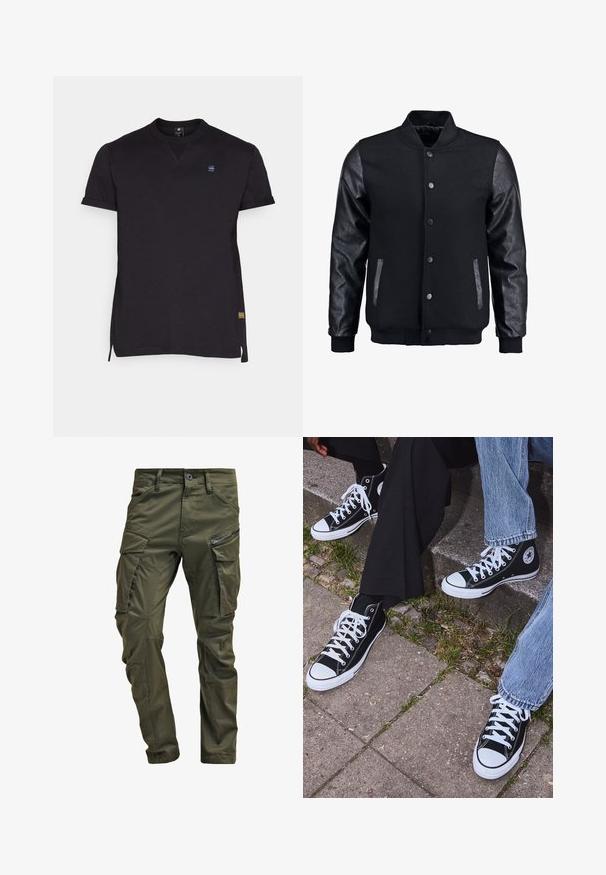Melns bomber jakas ar vilnas korpusu un ādas piedurknēm. Iespējas ar stāvošu apkakli, priekšējiem pogām un sānu kabatām. Vienkrāsains, bez rakstiem.; Melns T-krekls ar īsām piedurknēm, apļveida kakla izgriezumu, sānu šķēlumiem un mazu logotipu uz krūtīm. Izgatavots no gludas auduma ar vienkāršu dizainu.; Olīvu zaļi kravas bikses, izgatavotas no izturīgas kokvilnas. Iespēj multiple kabatas, ar rāvējslēdzēju sānu kabatu un sašaurinātiem kāju galiem ar nedaudz teksturētu apdari.; Melni augstie kanvas sporta apavi ar baltām gumijas zolemi un šņorēm, ar apļa logotipu sānos, kombinēti ar džinsu un melnām biksēm.