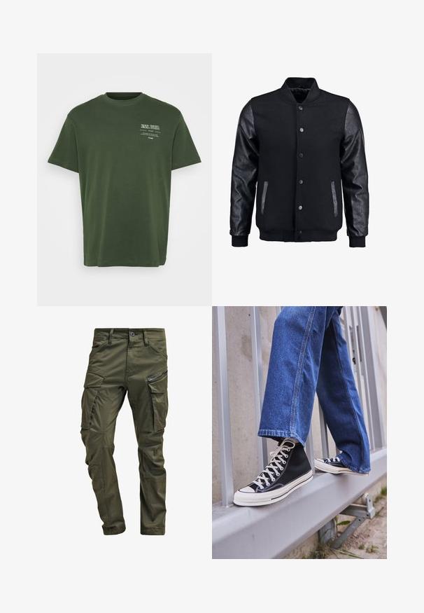 Musta pommittaja takki, jossa villakangasrunko ja nahkahihat. Varustettu pystykovalla, etupainonapeilla ja sivutaskuilla. Yksivärinen, ilman kuvioita.; Vihreä puuvillapaita, jossa on pyöreä kaula-aukko, lyhyet hihat ja valkoisella printti vasemmassa yläkulmassa. Sujuva kangas, rento malli.; Vihreät kangashousut, jotka on valmistettu kestävästä puuvillasta. Ominaisuuksiin kuuluvat useat taskut, vetoketjulla varustettu sivutasku sekä kapenevat lahkeet, joissa on hieman teksturoitu pinta.; Mustat high-top tennarit valkoisella pohjalla ja nauhoilla, yhdistettynä väljään sinisiin farkkuihin, lepäävät harmaalla kaiteella.