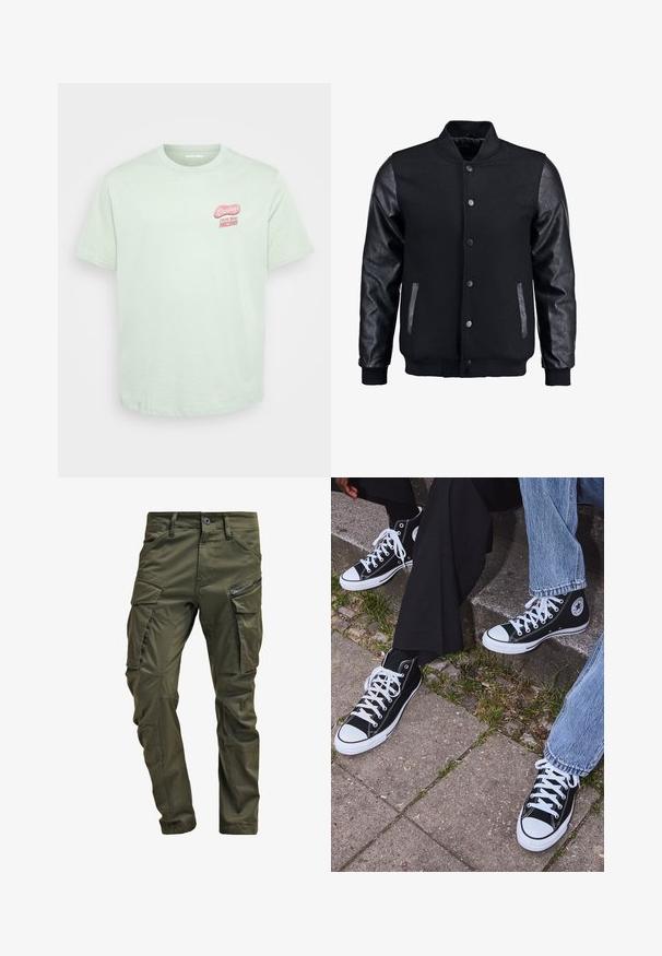 Zwarte bomberjack met een wollen lichaam en leren mouwen. Voorzien van een staande kraag, drukknopen aan de voorkant en zijkanten. Effen kleur zonder patronen.; Lichtgroen katoenen t-shirt met korte mouwen, ronde hals en een roze "Groeten uit Arizona" graphic op de linker borst.; Olijfgroene cargobroek gemaakt van stevig katoen. Beschikt over meerdere zakken, een met rits afgesloten zijzak en taps toelopende pijpen met een licht getextureerde afwerking.; Zwarte canvas sneakers met hoge schacht, witte rubberen zolen en veters, met een cirkelvormig logo aan de zijkant, gecombineerd met denim en zwarte broeken.