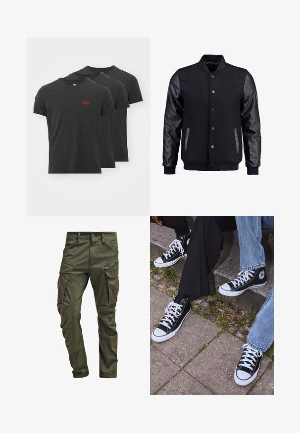 Czarna kurtka bombowca z wełnianym korpusem i skórzanymi rękawami. Posiada stójkę, zapięcie na napy z przodu i boczne kieszenie. Jednolity kolor, bez wzorów.; Levi's® - T-shirt basic; Oliwkowe spodnie cargos wykonane z wytrzymałej bawełny. Posiadają liczne kieszenie, kieszeń boczną na zamek oraz zwężane nogawki z lekko teksturowanym wykończeniem.; Czarne wysokie trampki z kanwy z białymi gumowymi podeszwami i sznurówkami, z okrągłym logo z boku, w zestawie z dżinsami i czarnymi spodniami.