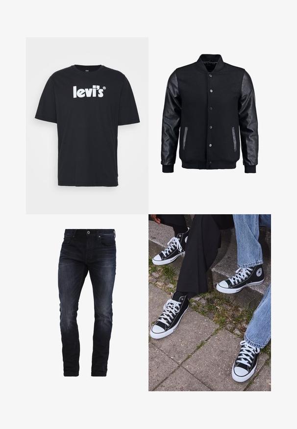 Črna bomberska jakna z volnenim telesom in usnjenimi rokavi. Ima stoječ ovratnik, sprednje snemljive gumbe in stranske žepke. Enobarvna, brez vzorcev.; Levi's® RELAXED FIT - Potiskana majica - caviar; Temno modri oprijeti kavbojke z rahlim zbledelostmi na stegnih in kolenih, ki imajo sprednje žepe, zanke za pas in gumbasto zapiranje.; Črne visoke platnene teniske z belimi gumijastimi podplati in vezalkami, z ovalnim logotipom na strani, v kombinaciji z džinsom in črnimi hlačami.