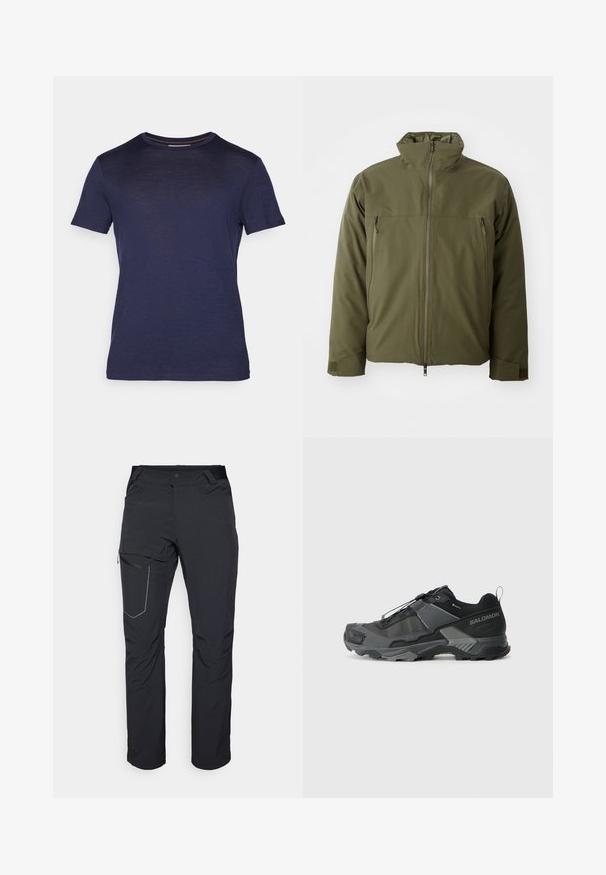 Chaqueta tipo plumón verde oliva con un cuello alto, frente con cremallera y dos bolsillos con cremallera. Presenta un acabado suave y mate, así como puños ajustables.; Camiseta de manga corta en azul marino, confeccionada con una tela suave, con un escote redondo y una textura sutil sin patrones ni acentos visibles.; Pantalones exteriores negros con un bolsillo en el muslo con cremallera, cintura elástica y tejido liso y resistente al agua. Diseño limpio sin logotipos visibles.; Zapatilla de trail running negra con parte superior de malla duradera, puntera reforzada, suela de goma texturizada y sistema de cordones elásticos para un ajuste seguro.
