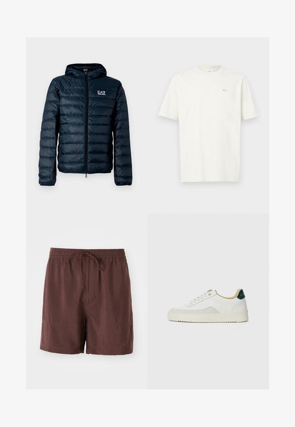 Doudoune matelassée bleu marine avec capuche, fermeture éclair à l'avant et logo EA7 sur la poitrine. Caractérisée par une texture lisse et brillante ainsi que des poignets élastiques.; T-shirt blanc à manches courtes, avec un petit texte noir "NN. 07" sur le côté gauche de la poitrine, sur un fond clair.; Shorts légers marron avec une taille élastique et un cordon de serrage. Présentent des poches latérales et une texture lisse légèrement brillante.; Baskets blanches avec des accents en daim, bout arrondi, lacets plats et semelle en caoutchouc crème. Présente une marque verte sur le talon.