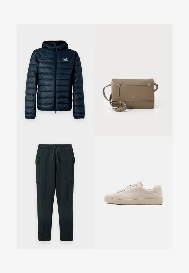 Chaqueta acolchada color azul marino con capucha, cremallera frontal y logo EA7 en el pecho. Presenta una textura lisa y brillante y puños elásticos.; Camiseta de algodón verde con cuello redondo y mangas cortas, con un pequeño logo negro en el área izquierda del pecho. Textura suave, ajuste casual.; Pantalones deportivos negros con cintura de cordón, bolsillos laterales, detalle de bolsillo cargo y costuras visibles. Tela suave con un ajuste holgado.; Zapatillas de cuero beige con un acabado suave, punta redondeada, suela plana y un diseño clásico de cordones. Detalles sutiles de costura y suela texturizada.; Bolso cruzado de cuero topo con un bolsillo frontal con cremallera, correa ajustable, textura de grano y logotipo en relieve en la parte delantera.